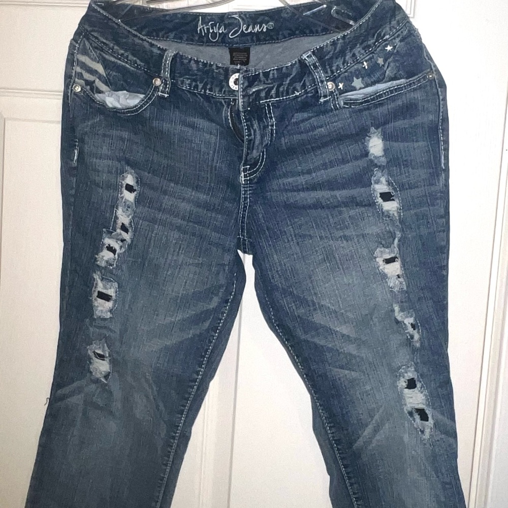 Artful Riya Jeans Women's Distressed Embellished‎ Denim Blue Wash